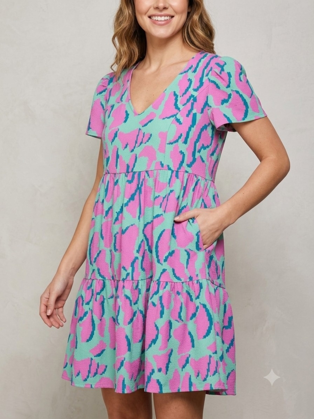 NWT Umgee Pink Teal Abstract Print Tiered Babydoll Mini Dress Pockets S